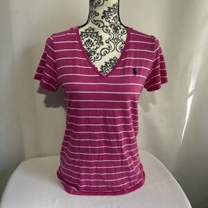 Ralph Lauren Sport Tee Shirt Women's Sz Large Pink White Striped V Neck